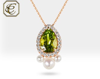 Diamond Peridot Necklace / 18K Solid Rose Gold with Natural Pearl Peridot and Diamond Pendant / Fine Jewelry Anniversary Gift By Chelebi