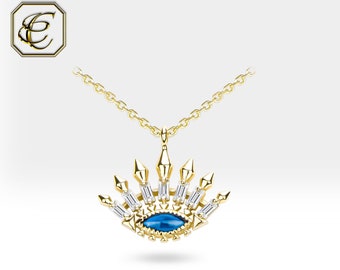 Evil Eye Necklace / 14K Gold Necklace / Baguette Diamonds and Blue Sapphire / Handmade Pendant Gift / Fine Jewelry By Chelebi