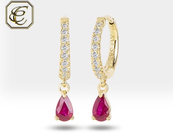 Ruby Hoop Earrings / 14K Gold Diamond Earrings / 0.55 CT Natural Ruby and Diamonds  / Birthday Gift for Her / Fine Jewelry By Chelebi