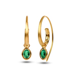 Dangle Emerald Earrings / 14K Gold Hoop Earrings / Natural Emerald and Hook Earrings / Gift for Her/ Fine Jewelry By Chelebi
