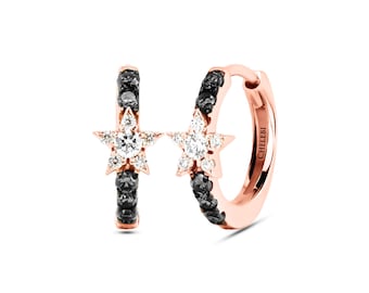 Black Diamond Star Earrings – 14K Solid Gold Celestial Huggies, 10mm or 12mm Outer Diameter