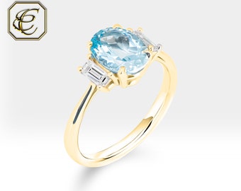 Aquamarine Ring / Baguette Diamond Ring / 14k Solid Gold Ring / Promise Ring for Wedding Gift / Fine Jewelry By Chelebi Jewelry