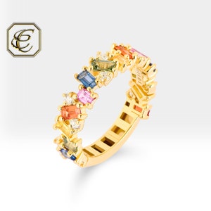 Rainbow Sapphire Eternity Ring: 14k Gold Multi-Color Baguette Band