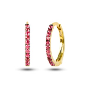 14K Gold Pink Spinel Huggie Hoop Earrings • 10mm 12mm 15mm Sizes • Natural Gemstone • Dainty Solid Gold Earrings • Gift for Her