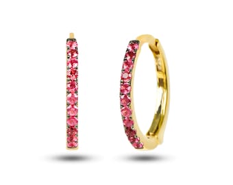 Pink Hoop Earrings / 14k Gold Huggie Earrings with Natural Pink Spinel / Diameter of Huggies 10mm - 12mm- 15mm Gift for Her/ By Chelebi