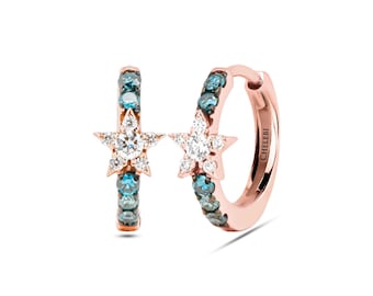 14K Solid Gold Blue Diamond Star Hoop Earrings: Fine Jewelry