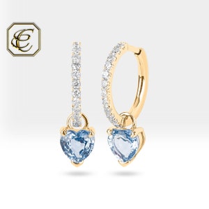Sapphire Dangle Earrings/ Heart Huggie Hoop Earring with 14K Solid Gold/ Blue Birthstone Birthday Gift for Her/ Fine Jewelry By Chelebi