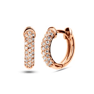 Pavé Diamond Huggies – 14K 18K Rose Gold Hoop Earrings, 11mm Outer Diameter