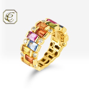 14K Rose Gold Rainbow Sapphire Ring: Half Eternity Band with Diamond Accents