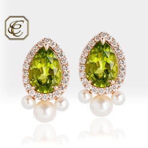 Peridot Earrings / 18K Gold Pearl Earrings / Natural Diamond and Peridot / Handmade Earrings / Fine Jewelry By Chelebi
