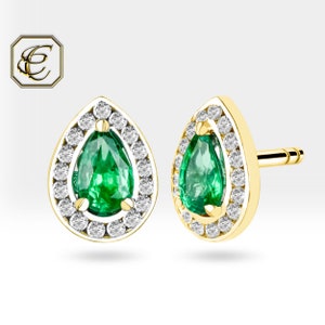 14K Emerald Earrings / Diamond Gold Earrings / Emerald Gemstone Stud Earrings / May Birthstone Earrings / Fine Jewelry  Gift by Chelebi