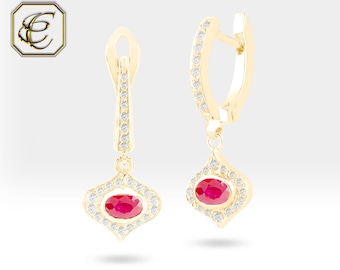 Dainty Ruby Earrings / 18K Gold Burma Ruby Earrings / Fine Jewelry Diamond Earrings / Anniversary Gift By Chelebi Jewelry