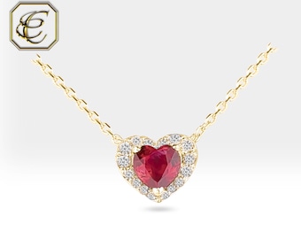 Heart Ruby Diamond Necklace, 18K Gold Pendant with Real Burma Ruby and Diamonds, Handmade Necklace Gift, Fine Jewelry Pendant By Chelebi