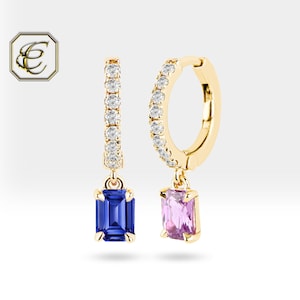 Pink and Blue Sapphire Earrings / Diamond Huggie Earrings with 14K Solid Gold / Natural Gemstones / Fine Jewelry Gift For Her / By Chelebi