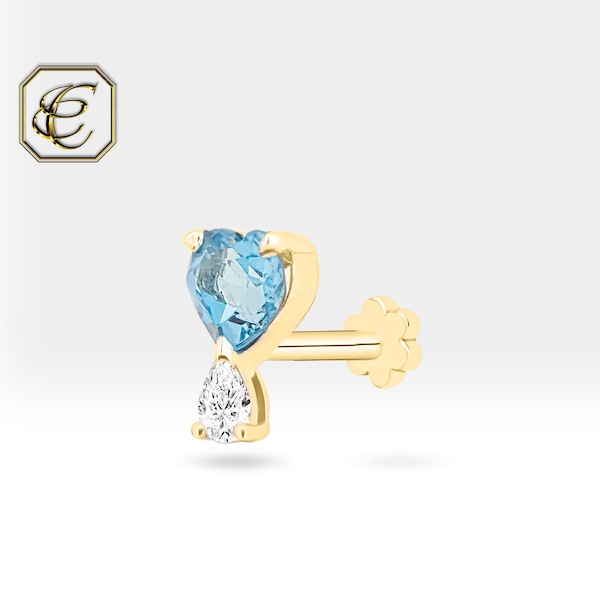 Aquamarine Cartilage Earring / 14K Gold Tragus Earring with Natural Aquamarine and  Diamond / Gift For Her Fine Jewelry By Chelebi