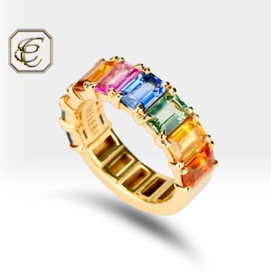 14K Rose Gold Rainbow Sapphire Ring – Half Eternity Band