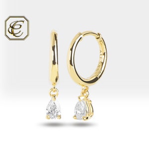 Drop Diamond Huggie Earrings / Pear Diamond with 14K Solid Gold / Clip On Earrings Birthday Gift For Her / Fine Jewelry By Chelebi