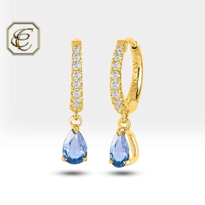 Sapphire Hoop Earrings / 14K Solid Gold Earrings / Diamond Dangle Earrings Gift for Her / Fine Jewelry By Chelebi