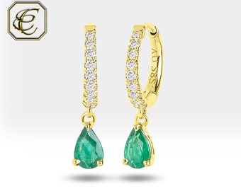 14K Gold Emerald Drop Earrings: Natural Diamond Huggies, Birthstone Jewelry