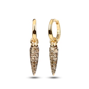 Brown Diamond Spike Earrings / 14K Gold Cognac Dangle Earrings / Birthday Gift for Her /  Fine Jewelry Clip On Huggie Earrings By Chelebi