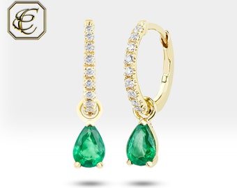 Dangle Emerald Earrings / 14K Gold Hoop Earrings / Natural Pear Emerald and Diamond Huggie Earrings / Gift for Her/ Fine Jewelry By Chelebi