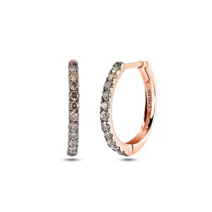 14K Gold Huggie Earrings – Brown Diamond Hoops Outer Diameter 10mm 12mm 15mm – Dainty Tiny Cartilage Hoops – Real Champagne Diamonds