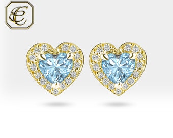 Aquamarine Earrings / Diamond Earrings / 14K Solid Gold Earrings / Birthday Gift for Her / Fine Jewelry By Chelebi