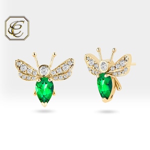 Emerald Stud Earrings / 14K Gold Earrings /  Diamond Tiny Bee Earrings / Fine Jewelry / Personalized Gifts For Women By Chelebi