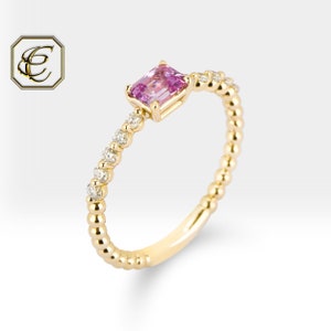 Pink Sapphire Ring, 14K Rose Gold Ring with Diamond and Sapphire, Anniversary Gift For Her, Handmade Fine Jewelry By Chelebi