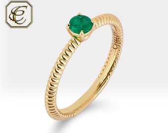 Emerald Solitaire Ring / 14K Solid Gold Ring / Twisted Rope Ring with Natural Emerald / Gift for Women / Fine Jewelry By Chelebi