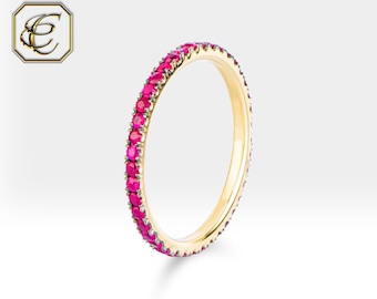 Anillo de eternidad con rubí en oro macizo de 14 quilates: fino anillo apilable con piedras preciosas