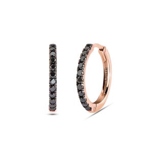 Black Diamond Hoop Earrings / Tiny Huggies in 14k Solid Gold / 15 mm- 12 mm- 10 mm Huggie Earrings / Birthday Gift / Fine Jewelry By Chelebi