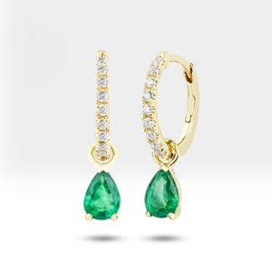 Emerald Dangle Earrings – 14K Gold Huggie Hoops with Diamonds