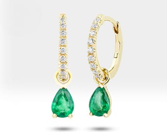 Emerald Dangle Earrings – 14K Gold Huggie Hoops with Diamonds
