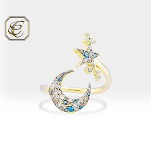 18K Rose Gold Diamant Mond und Stern Ring - Handgemachter feiner Schmuck