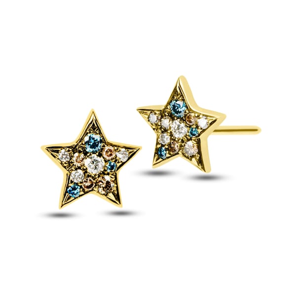 Blue Diamond Stud Earrings / 14K Star Earrings / 0.28 ct Fancy Color Diamond  / Fine Jewelry Gold Earrings / Birthday Gift By Chelebi