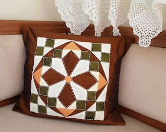 Patchwork Quilted Pillow Cover: Brown Taffeta Farmhouse Decor