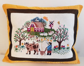 Farmhouse Cross Stitch Pillowcase: Embroidered Farm Animals, Cottagecore Decor