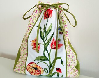 Embroidered Poppies Linen Tote Pouch: Wildflower Cotton Purse