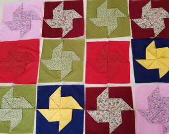Patchwork Quilt Blocks: 18 Cotton Pinwheel Squares, Colorful Blanket Embellishments