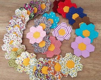 Patchwork hexagon sewn flowers, Pillowcase, bag, quilt blocks, embellishments, Pre made basted patchwork pieces, Grandmother flower garden