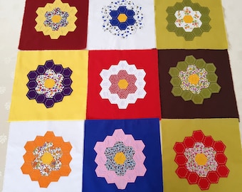 Patchwork Quilt Blocks: Set of 9 Floral Cotton Squares