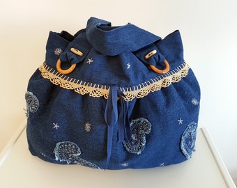 Paisley Denim Tote Bag: Handgjord spets Boho Axelväska
