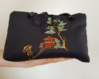 Embroidered Kimono Handbag: Japanese Temple Black Tote Bag