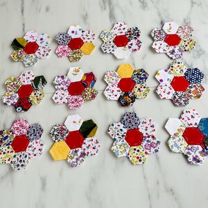 Hand Sewn Cotton Patchwork Hexagon Flower Blocks, Colorful Variety