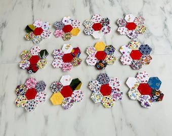 Hand Sewn Cotton Patchwork Hexagon Flower Blocks, Colorful Variety
