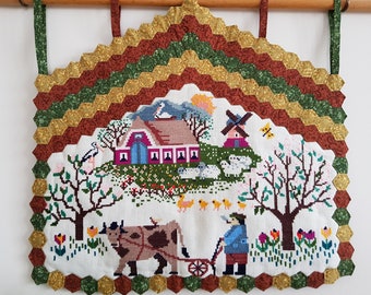 Farmhouse Cross Stitch Wall Hanging: Embroidered Patchwork Decor