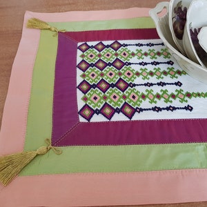Embroidered Table Runner: Turkish Needlework, Taffeta Border, Gold Tassels