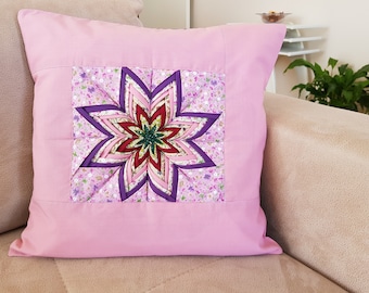 Decorative Pink Folded Star Pillowcase, Square Patchwork Pillow Cover, Housewarming Throw Cushion