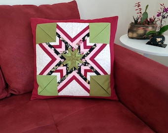 Handmade Folded Star Quilted Pillow Cover: Burgundy & Green Patchwork